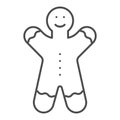 Gingerbread man thin line icon. Christmas sweets vector illustration isolated on white. Biscuit outline style design Royalty Free Stock Photo