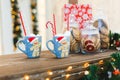 Gingerbread Man with two blue cups - Christmas Holiday Breakfast Background Royalty Free Stock Photo