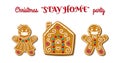 Gingerbread man and woman in face mask on stay home party. Christmas homemade cookies. The symbol is new normal. Vector