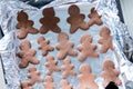 Gingerbread mans on foil and baking sheet