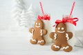 Gingerbread men and bottles of milk with straw on a white wooden background with Christmas trees decoration Royalty Free Stock Photo