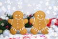 Gingerbread men and glass of milk on the Christmas table. Traditional Christmas treat for Santa. Close-up