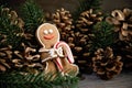 Gingerbread men laying on wood background. Christmas or New Year composition