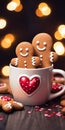 Gingerbread men are sitting a hot chocolate on a cozy Christmas lights blur background Royalty Free Stock Photo