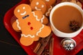 Gingerbread men top view with coffee on red dish Royalty Free Stock Photo
