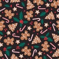 Gingerbread men, trees, stars with candy canes and holly leaves and berries on black background. Seamless vector Royalty Free Stock Photo