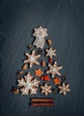 Gingerbread, nuts, spices, dried orange peel create a Christmas tree on a dark stone background Royalty Free Stock Photo