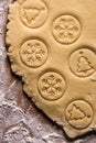 gingerbread pastry with christmas seals on a wooden table close up. Christmas tree and snowflakes home made cake Royalty Free Stock Photo