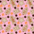 gingerbread pattern man snowflake christmas tree gift orange cinnamon on pink background seamless vector