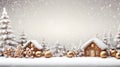 Gingerbread pieces, golden balls, huts and trees on snow covered ground and abstract background.