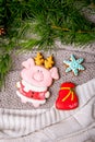 Gingerbread piggy and snowflake on the background with fir branches, flat lay, top view. Holiday sweets. New Year`s and Christmas