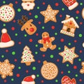 Gingerbread seamless pattern. Holiday gingerbreads sugar glazed winter sweet sugar glaze food, cookie man and deer