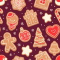 Gingerbread seamless pattern. Xmas cookies red heart, fir tree, snowman and bell, star and snowflake vector