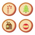 Gingerbread set in cartoon style. Christmas cookie with house, christmas tree, toy, candy cane decor. Colorful vector Royalty Free Stock Photo