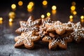 Gingerbread snowflakes homemade cookies on festive background, close up. Christmas pastries. AI generated Royalty Free Stock Photo