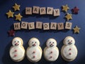 Happy Holidays, festive snowmen cookies and stars