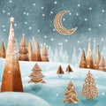 Gingerbread trees snow landscape watercolor illustration Winter candy world fantasy print Cookies spruce trees and moon Sweet