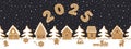 Gingerbread village. Christmas background. Seamless border. Fairytale winter landscape. Gingerbread houses, fir trees and other Royalty Free Stock Photo