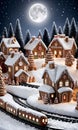 Gingerbread Village And Train Set In A Moonlit Snowy Settin. Generative AI