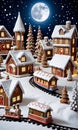 Gingerbread Village And Train Set In A Moonlit Snowy Settin. Generative AI
