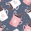 Gingerbreads, biscuits, cups of cocoa, colorful seamless pattern. Decorative cute background with food, snow. Merry Christmas