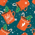 Colorful seamless pattern, gingerbreads, biscuits, cups of cocoa, candy canes. Happy New Year