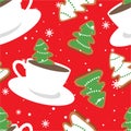 Gingerbreads, biscuits, cups of cocoa, colorful seamless pattern. Decorative cute background with food, snow. Merry Christmas