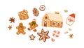 Gingerbreads, Christmas cookies set. Xmas ginger bread, biscuits of different shapes with sweet sugar glaze. Festive