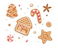 Gingerbreads, Christmas cookies set. Xmas ginger bread, biscuits of different shapes with sweet sugar glaze. Festive