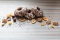 Gingerbreads and dried fruits on a striped surface