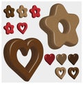 Gingerbreads in the shape of hearts and stars, 3D vector drawings