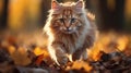 Gingercolored Cat Walking Through Autumn Leaves - Realistic Portraitures Royalty Free Stock Photo