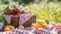 Gingham blankets, fresh fruit, and sunshine evoke a delightful spring picnic