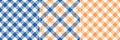 Gingham check pattern in blue, orange, white. Seamless herringbone simple vichy set for dress, shirt, skirt, jacket, napkin. Royalty Free Stock Photo