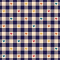 Gingham check plaid pattern with hearts for Valentines Day prints. Seamless multicolored tartan vichy vector.