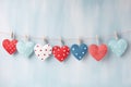 Gingham love red hearts on rustic wood texture blue background. Blue wall with heart shape garland Royalty Free Stock Photo