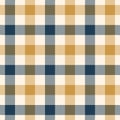 Gingham pattern in blue and gold. Pixel vichy check plaid background for dress, shirt, skirt, trousers, tablecloth.