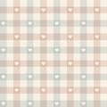 Gingham pattern with hearts in grey, beige, pink for spring and summer gift wrapping paper, picnic tablecloth, dress, shirt.