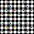 Gingham pattern with hearts for Valentines Day in black, red, blue, green, yellow, white. Seamless Scottish tartan vichy check. Royalty Free Stock Photo