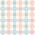 Gingham pattern with hearts for Valentines Day print. Multicolored pastel vichy tartan background vector for tablecloth, oilcloth.