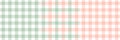 Gingham pattern set in coral pink, green, white. Spring summer textured striped seamless vichy check vector graphics.