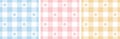 Gingham pattern set. Floral checked plaids in blue, pink, yellow, white. Seamless pastel vichy tartan with small flowers.