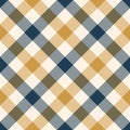 Gingham plaid pattern in blue and gold. Pixel vichy diagonal check plaid graphic for shirt, dress, skirt, tablecloth.