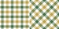 Gingham plaid pattern set in green, gold, beige. Seamless herringbone textured simple tartan vichy graphic background for shirt. Royalty Free Stock Photo