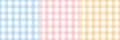Gingham plaid vector pattern for Valentines Day prints with hearts in pastel blue, pink, yellow, white. Seamless tartan check. Royalty Free Stock Photo