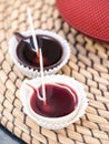 Ginja de Obidos, traditional sour cherry liquor, served in small Royalty Free Stock Photo