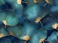 Ginkgo biloba abstract top view in blue golden colors, line design