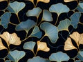 Ginkgo biloba abstract top view in blue golden colors, line design