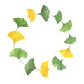 Ginkgo biloba ancient tree fan-shaped leaves round frame watercolor illustration, maidenhair tree leaf eco-friendly floral