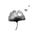 Ginkgo biloba leaf black on white Valentines background with heart, trend dotty design contemporary pointillism tattoo halftone